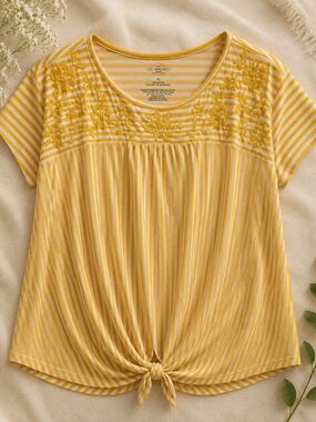 St. John's Bay XL Mustard Yellow Striped Embroidered Tie Front Cotton Top 24ptp